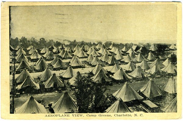 Airplane view of Camp Greene, historic postcard