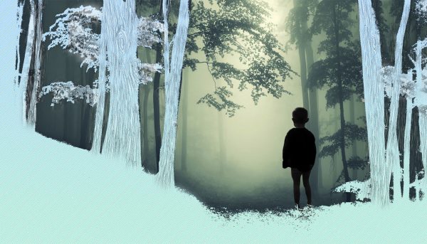 child walking in dark woods