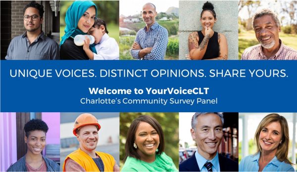 pictures of people with words uniques voices. distinct opinions. share yours. Welcome to YourVoiceCLT. Charlotte's Community Survey Panel.