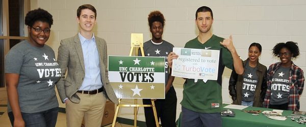 Students with sign that says UNC Charlotte Votes