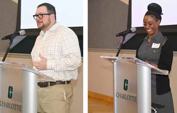 Two students at a podium
