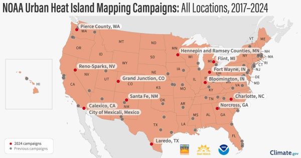 US map with heat island tracking cities highlighted, including Charlotte, NC