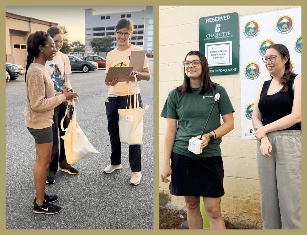 Left image: 3 smiling people holding clip boards and tote bags. Right image: two volunteers pose with the sensor they attached to their window.