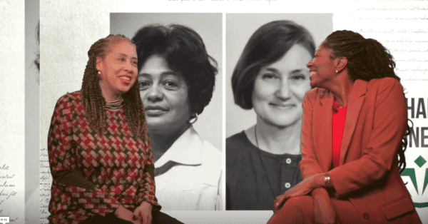 Sonya Ramsey and Joy Davis smile at each other as seen in the WGST 40th anniversary documentary.