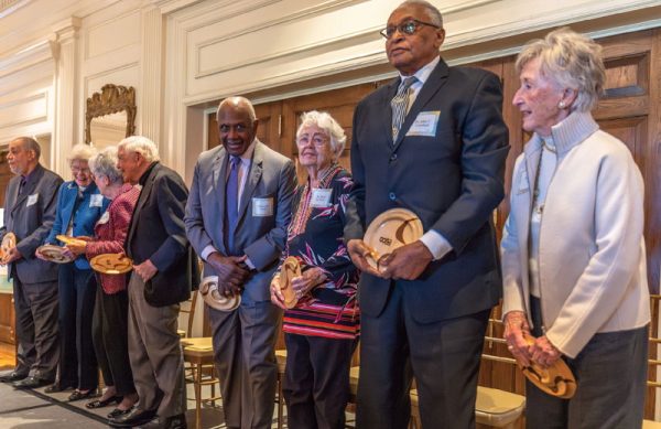 Boyd Davis and additional award winners on stage at Southminster's 8 Over 80 Awards luncheon.