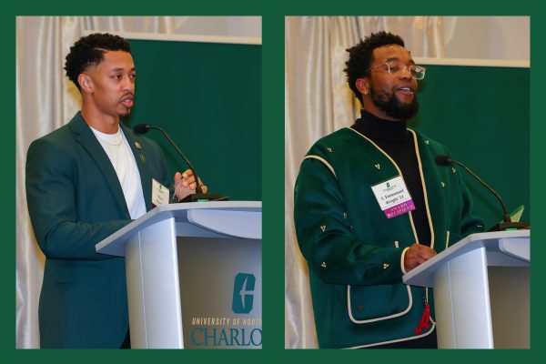 In separate images, two honorees speak at the UNC Charlotte podium to accept their awards.