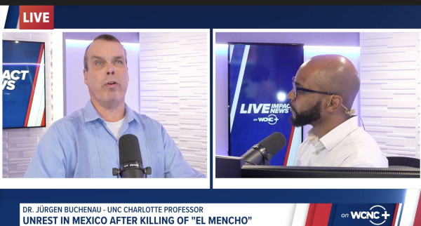 Jürgen Buchenau speaking on WCNC+ Live Impact News about the killing of "El Mencho."