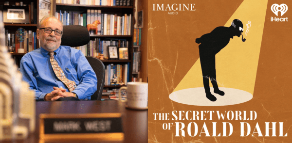 Left image: Mark West sitting at his desk in front of a book shelf. Right image: Podcast cover for "The Secret World of Roald Dahl" featuring a figure in a bright spotlight on an orange background