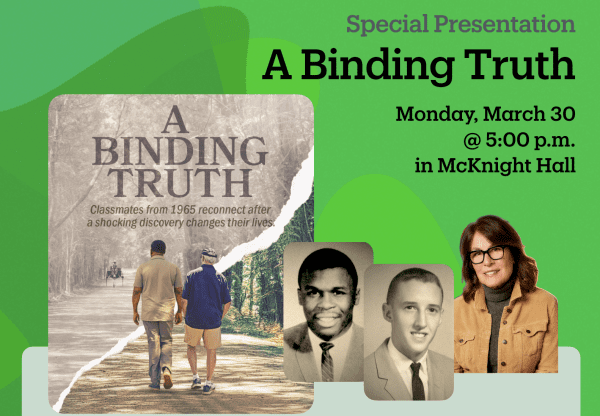A Binding Truth with images of a black and white man walking next to each other from behind.