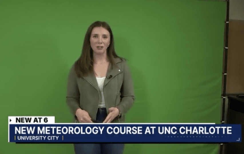 Danielle Miller speaks to camera in front of a green screen. Text banner reads "New at 6: New Meteorology course at UNC Charlotte"