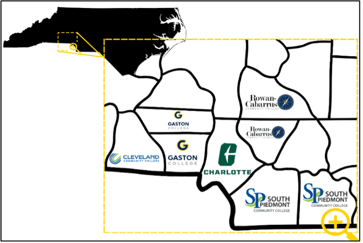 A map of North Carolina showing the logos of higher education institutions placed into their respective counties to denote the locations of: UNC Charlotte, Gaston College, Rowan-Cabarrus Community College, South Piedmont Community College and Cleveland Community College.