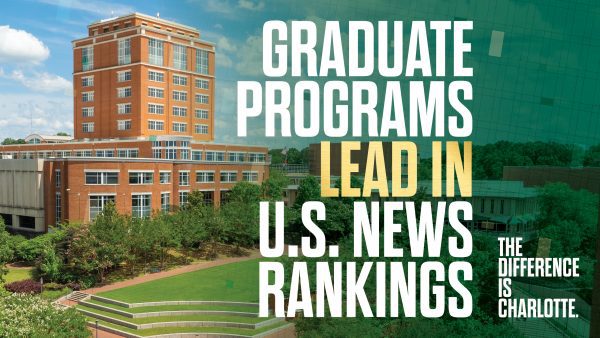 Graduate programs lead in U.S. News Rankings with a photo the Atkins Library tower and "The Difference is Charlotte."