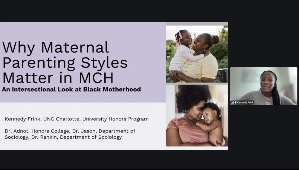 Frink presenting on Zoom. The slide reads "Why Maternal Parenting Styles Matter in MCH"