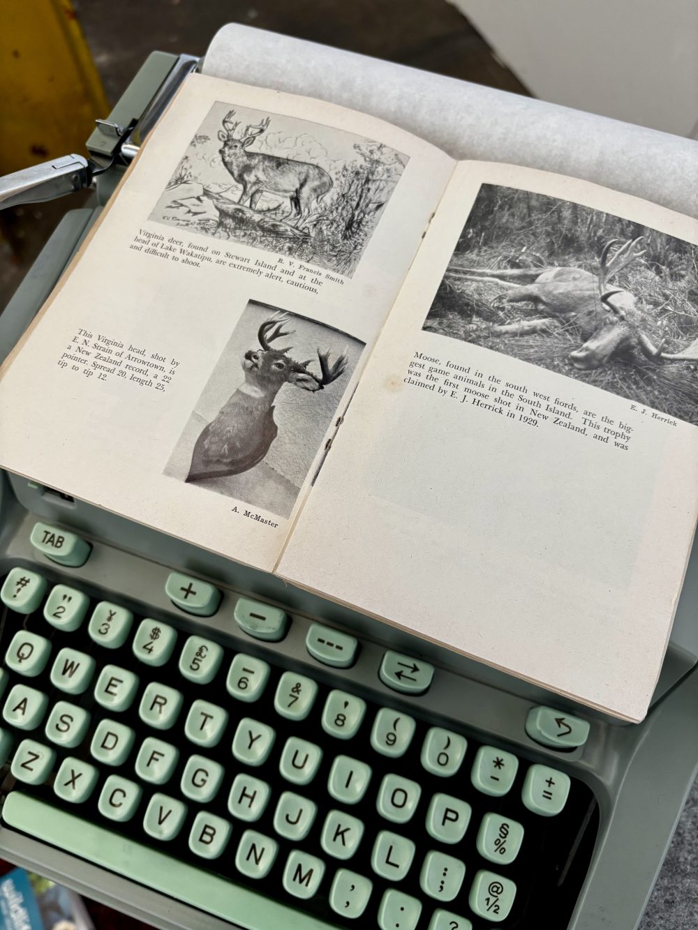 An open book lying on a green typewriter. It's open to pages showing deer and moose. 