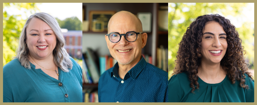 A composite image of three headshots of UNC Charlotte CHESS faculty who are finalists for the UNC Charlotte Teaching Excellence Awards: Erin Basinger, Oscar Lansen, Sayde Brais.