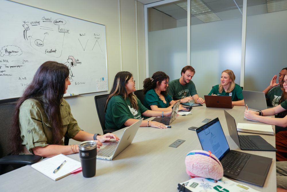 Alexia Galati and a group of UNC Charlotte students including Martyna Wasilewska are wearing Niner green and talking while working at laptops around a large conference table.